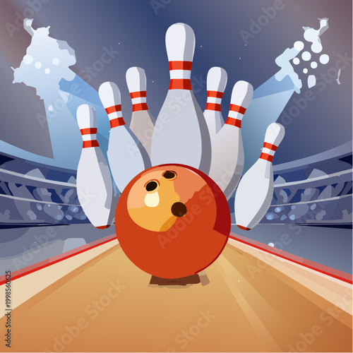 Boule de bowling frappant des quilles sur piste éclairée