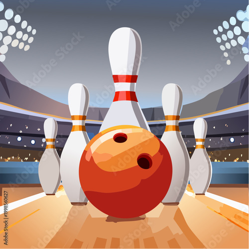 Boule de bowling frappant des quilles sur piste éclairée