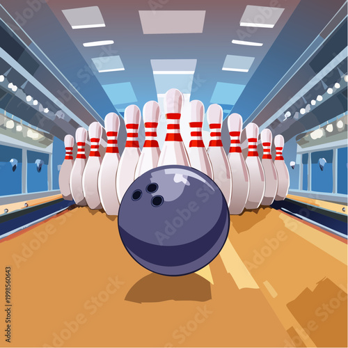 Boule de bowling avançant vers des quilles sur une piste éclairée