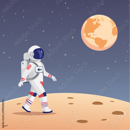 Astronaute marchant sur un sol extraterrestre avec planète en arrière‑plan