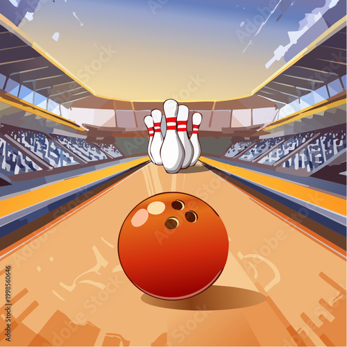 Boule de bowling avançant vers des quilles sur une piste éclairée