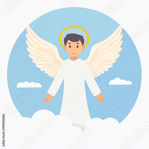 Ange volant dans le ciel avec auréole et ailes blanches