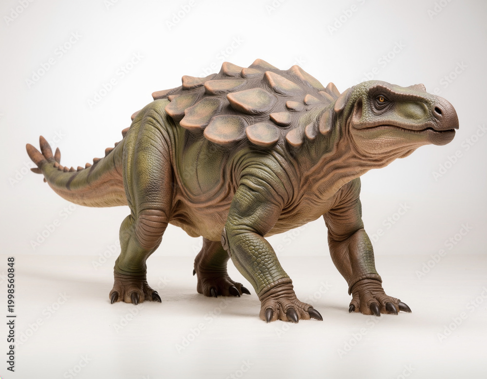 Fototapeta premium Stunning studio portrait of a realistic armored dinosaur model, meticulously crafted to represent an ancient herbivore with formidable protective scales and a robust body