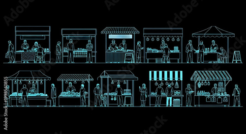 AutoCAD Market Stall CAD Block Set – Fresh Food Crafts Sweets Vendor Booths Elevation Blueprint Cyan Outline on Black Background