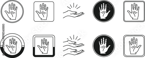 Human hand gesture icons set featuring palm open and stop signs in circular and square frames for interactive design.