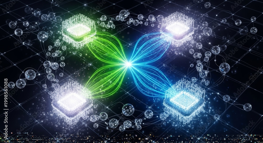 Fototapeta premium Abstract visualization of a high-tech data network with glowing microchips and intricate connections, symbolizing digital communication, advanced computing, and the future of information technology