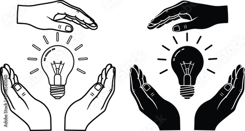Light bulb in hands icon. creative idea, solution concept on transparent background.