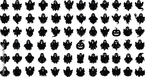 Huge Halloween ghost and pumpkin silhouette collection, spooky character icons set.
