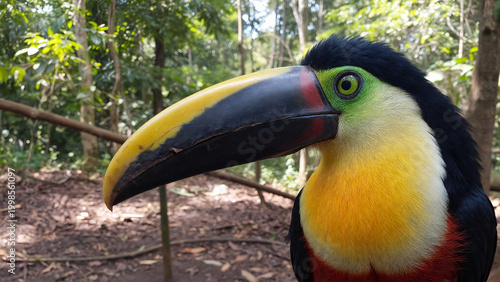 Toucan perched on tree branch in tropical forest (Tucano empoleirado em um galho de árvore na floresta tropical)