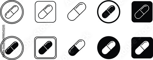 Medical capsule pill icons set showing various graphic styles for healthcare pharmacy medication and pharmaceutical.