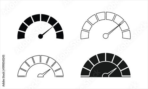 Gauge icons set speedometer and tachometer silhouette illustrations in black and white