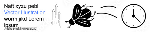 Time management, evolution, transformation, speed, nature, and productivity. Abstract arrows, a flying insect and a clock transformation and time. Time management and evolution
