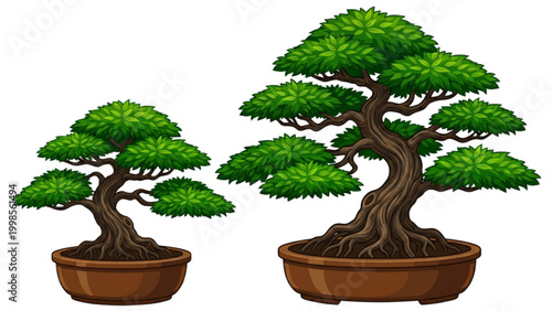 Two meticulously crafted bonsai trees in decorative pots, symbolizing nature and tranquility