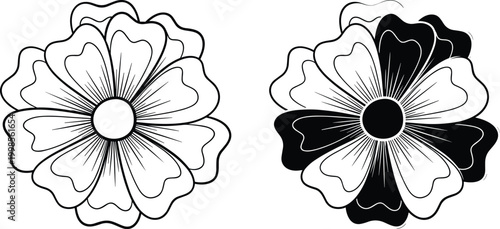 Ornate floral line art illustration showing delicate flower petals in black and white sketch style for patterns.
