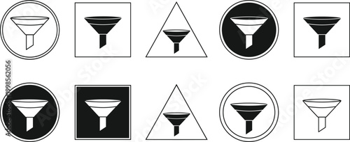 set of black funnels icon in various shapes, frames, and styles, vector illustration isolated on background.