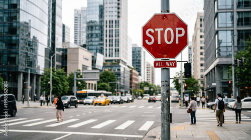 The unmistakable red stop sign stands as a crucial visual command at a bustling city crossroad, ensuring safety and order amidst urban movement
