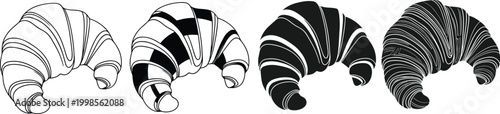 Set of croissant illustrations with outline and filled styles for bakery cafe menu and food package branding art.