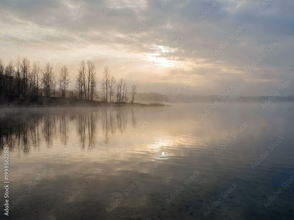 Fototapeta premium Misty lake with tree reflections and soft sunrise light.
