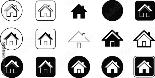 set of home house icon in various shapes, frames, and styles, black line art and solid glyph vector.
