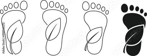 Set of human footprint icons with green leaf inside symbolizing eco friendly lifestyle and carbon footprint impact.