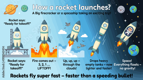 Illustrated Guide to How Rockets Launch and Explore Outer Space with Friendly Celestial Bodies