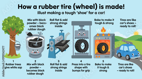Illustrating The Transformative Journey Of A Rubber Tire From Tree Sap To Road Ready Automotive