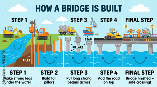 Illustration detailing the progressive stages of constructing a functional bridge structure over