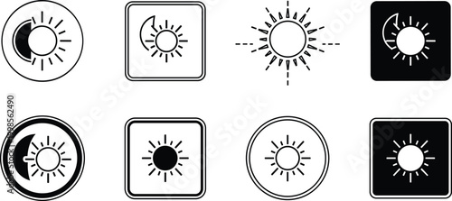 Sun and moon icons day and night cycle weather forecast symbols sunburst solar eclipse night sky.