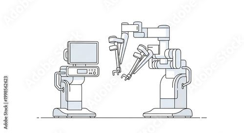 Robotic arms interact with computer terminal in industrial automation setting with mechanical tools
