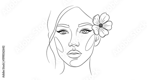 Schilderij op canvas Minimalist Line Art Woman Face with Flower, Elegant Beauty Portrait Sketch