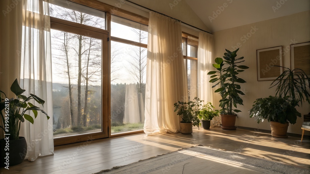 Fototapeta premium Spacious room and sunlight coming in through large glass doors, with natural serenity views