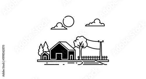 Minimalist Village Scene: House, Trees, Sun, Clouds, and Power Lines