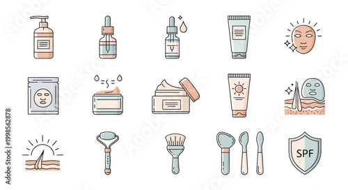 Skincare products and makeup tools.