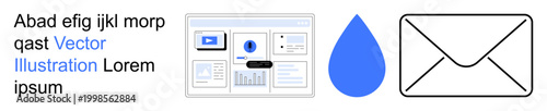 Communication systems, digital dashboards, email services, water conservation, graphical design, modern interfaces. User interface with graphs, teardrop and email icon. Communication systems