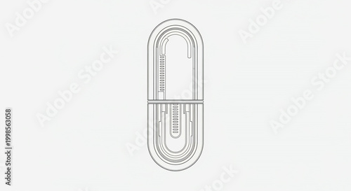 Detailed technical drawing of a capsule or pill with intricate design and text on a clean white background