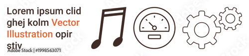 Design, technology, creativity, progress, engineering, and metrics. A music note, a speedometer and two gears displayed in a clean layout. Creativity and design concepts