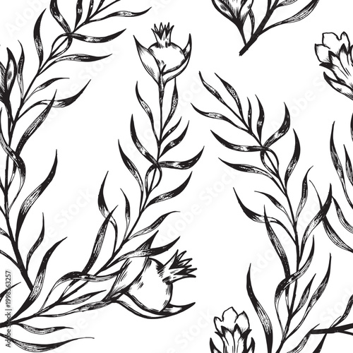 Artistic Botanical Illustration Design. Flowing Branch Patterns With Delicate Floral Details