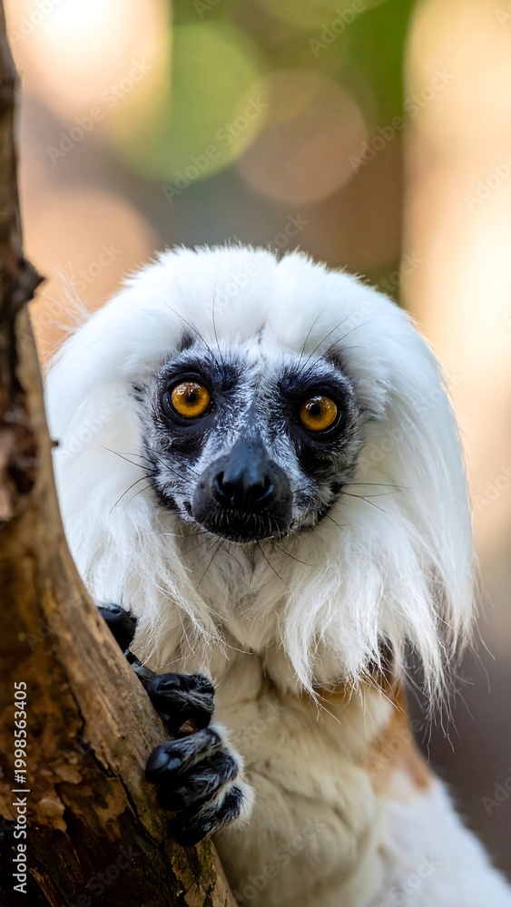 Fototapeta premium Up-close portrait of a lemur, with distinctive white fur, peering out with bright orange eyes from the safety of a tree