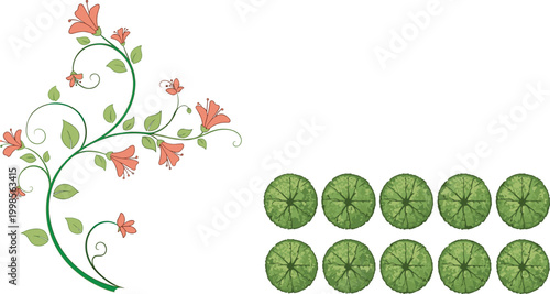 Elegant Floral Vine Ornament Featuring Pink Lily Flowers and Green Leaves with Circular Bush Icons for Garden Design Landscape Architecture and Nature Branding