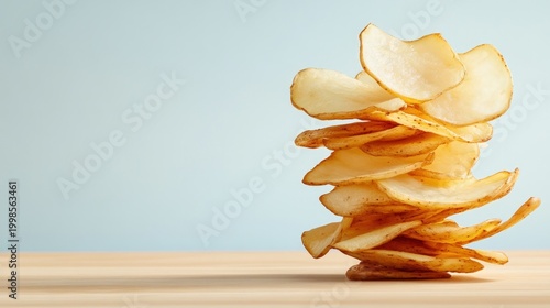 Stack of potato chips on wooden surface with blue background