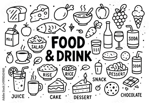 Food icons with bread cheese fish in doodle style