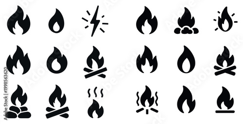 Fire icons with flame campfire log silhouette bold