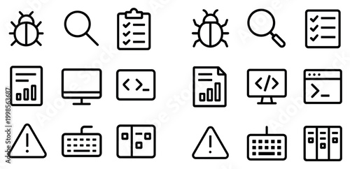 Software testing icons with bug magnifier checklist outline clean