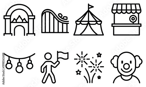 Carnival icons with tent rollercoaster stall clown in outline style