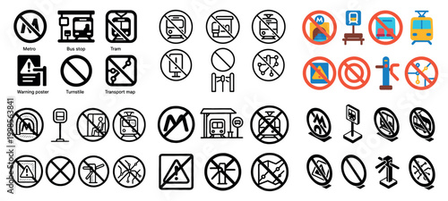 Public transportation icon set with signs and symbols