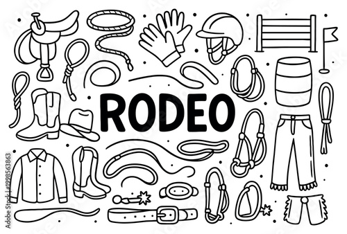 Rodeo icons with lasso boots hat hand drawn outline