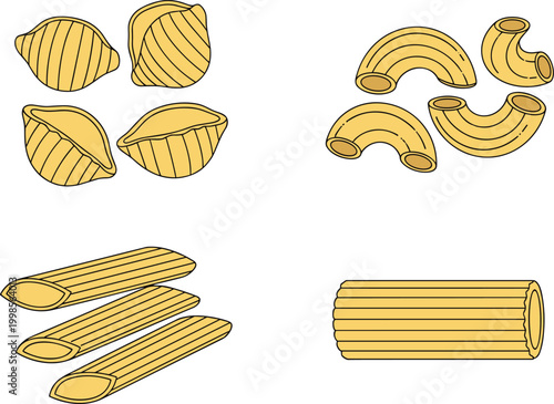 Authentic Italian Pasta Variety Set Featuring Penne Macaroni Shells and Rigatoni Shapes for Culinary Menus Cooking Blogs Restaurant Branding and Food Packaging Designs