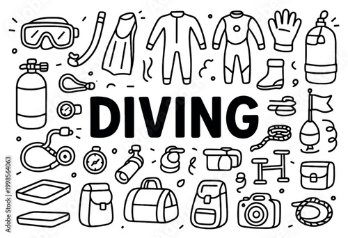 Diving icons with mask wetsuit tank outline