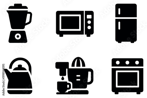 Kitchen icons with blender microwave fridge solid silhouette