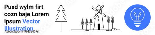 Sustainability, renewable energy, innovation, eco-friendly design, rural landscapes, technology. Minimalist windmill and trees with a light bulb icon. Sustainability and renewable energy concept